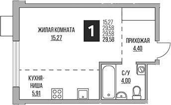 Планировка Студии 29.58 м² в ЖК «Гранель Притяжение Сити», корпус 8