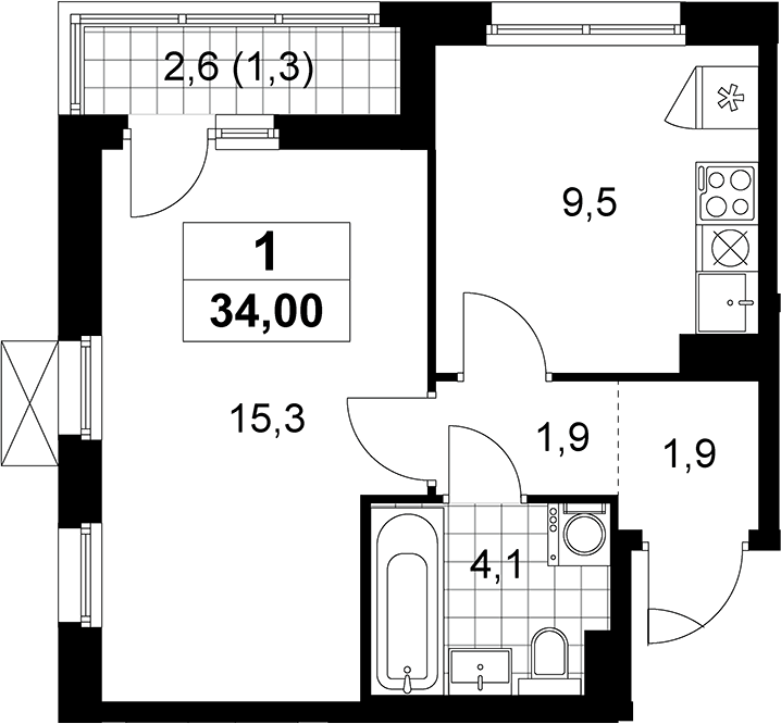 Планировка однокомнатная 34 м² в ЖК «Прокшино», корпус 9.1