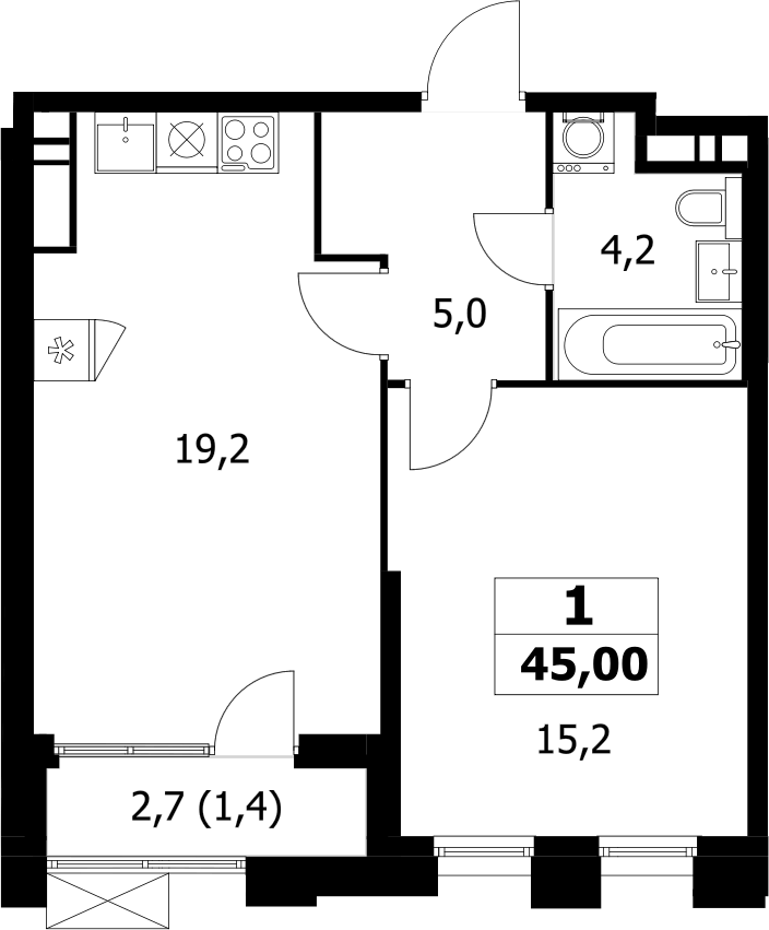 Планировка однокомнатная 45 м² в ЖК «Прокшино», корпус 7.1.2