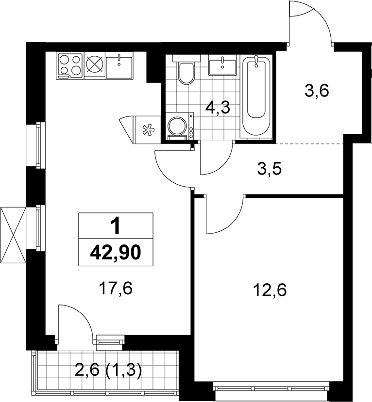 Планировка евродвушка (2Е) 42.9 м² в ЖК «Прокшино», корпус 9.1