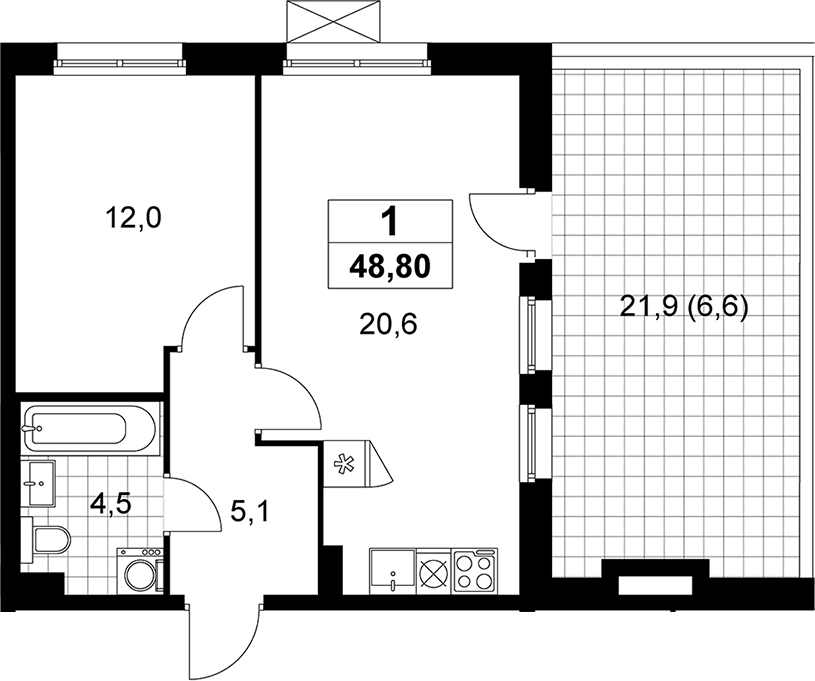 Планировка евродвушка (2Е) 48.8 м² в ЖК «Прокшино», корпус 9.4