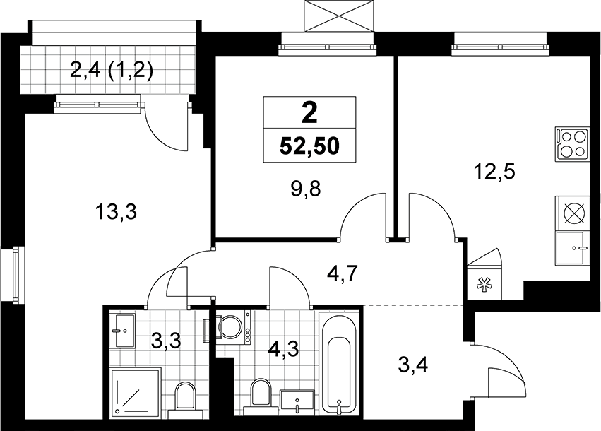 Планировка двухкомнатная 52.5 м² в ЖК «Прокшино», корпус 9.4