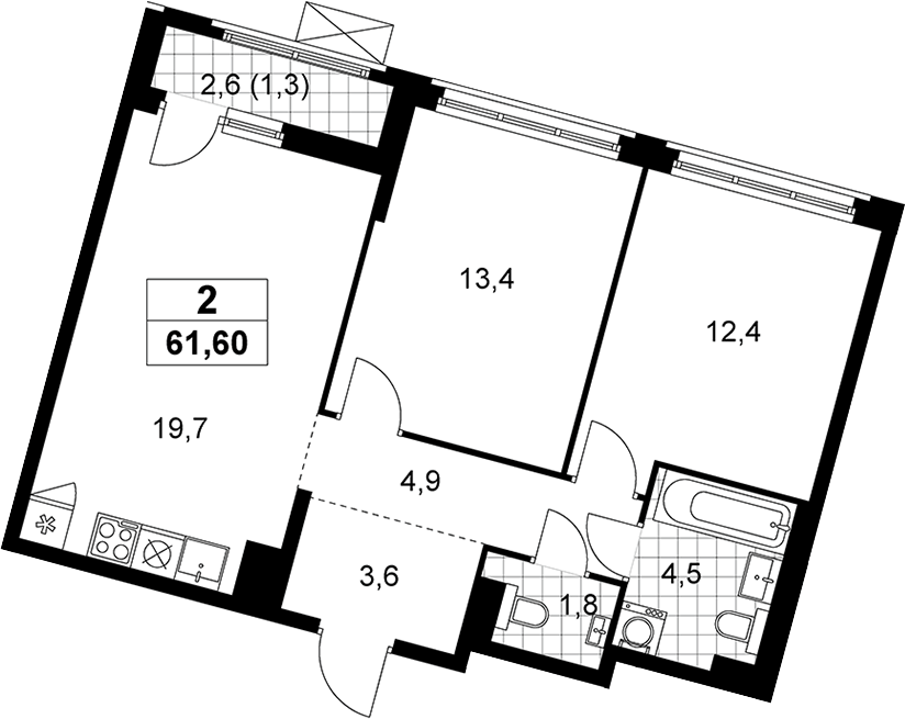 Планировка евротрёшка (3Е) 61.6 м² в ЖК «Прокшино», корпус 9.2