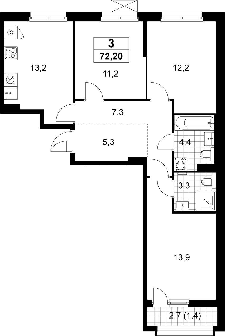 Планировка трёхкомнатная 72.2 м² в ЖК «Прокшино», корпус 9.4