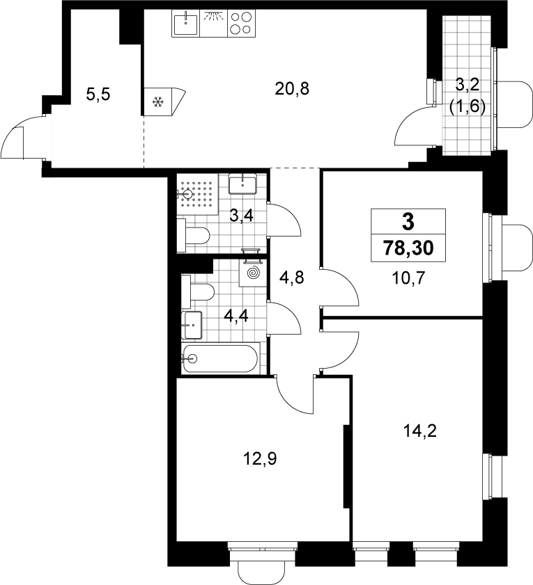 Планировка евро-4 (4Е) 78.3 м² в ЖК «Прокшино», корпус 10.3.1