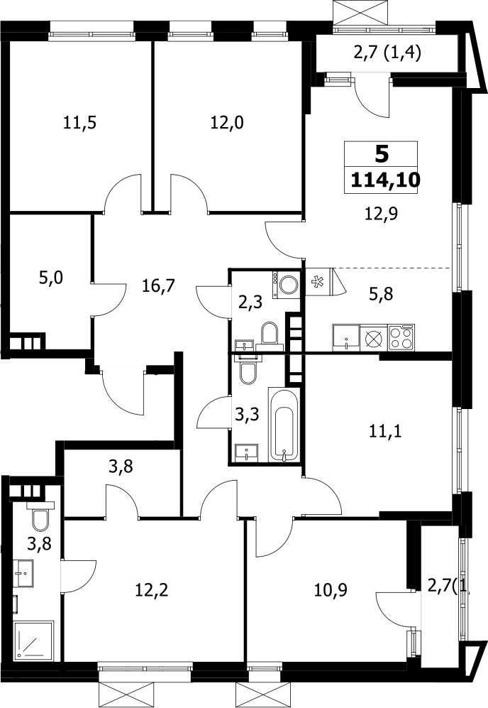 Планировка пятикомнатная 114.1 м² в ЖК «Прокшино», корпус 7.1.1