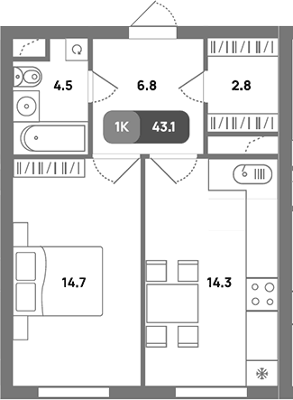 Планировка однокомнатная 43.1 м² в ЖК «Проспект 39», корпус 2