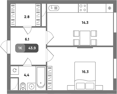 Планировка однокомнатная 43.9 м² в ЖК «Проспект 39», корпус 2
