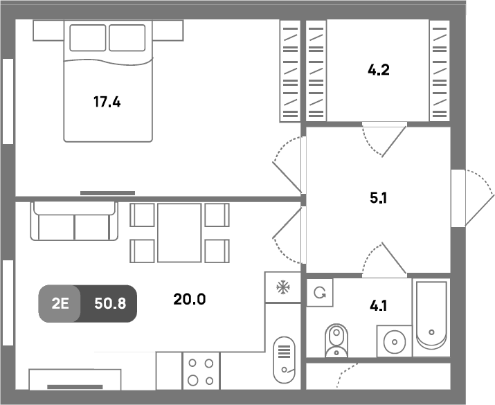 Планировка евродвушка (2Е) 50.8 м² в ЖК «Проспект 39», корпус 2