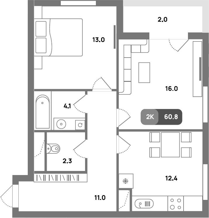 Планировка двухкомнатная 60.8 м² в ЖК «Проспект 39», корпус 2