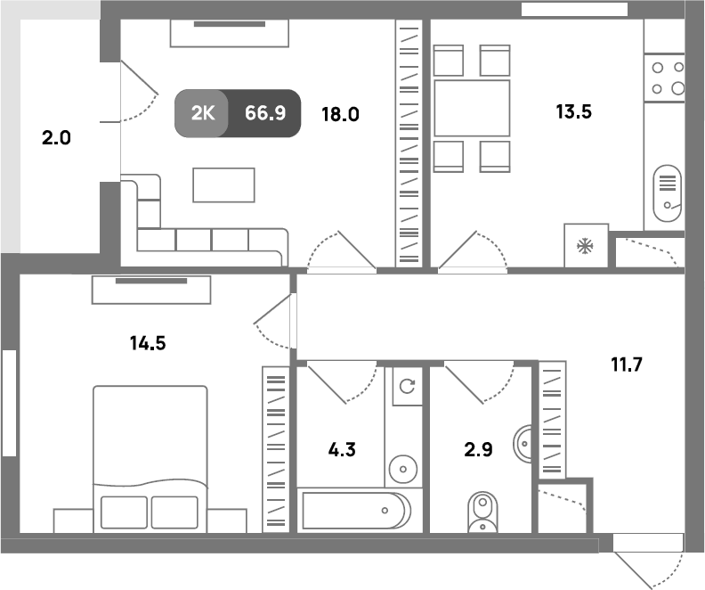 Планировка двухкомнатная 66.9 м² в ЖК «Проспект 39», корпус 2