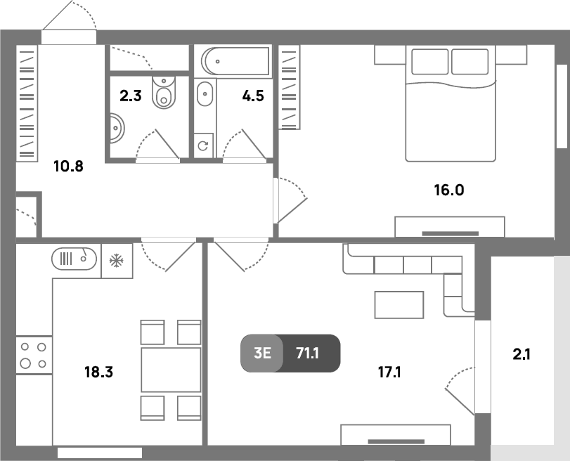 Планировка евротрёшка (3Е) 71.1 м² в ЖК «Проспект 39», корпус 2