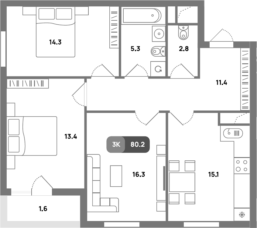 Планировка трёхкомнатная 80.2 м² в ЖК «Проспект 39», корпус 2
