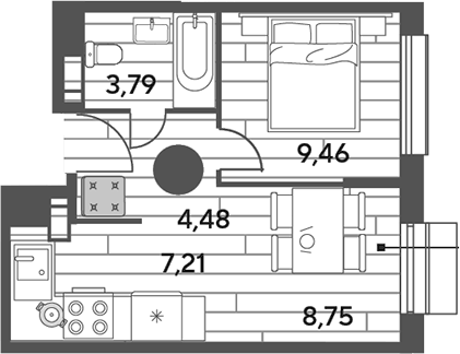 Планировка однокомнатная 33.69 м² в ЖК «Публицист», корпус 10