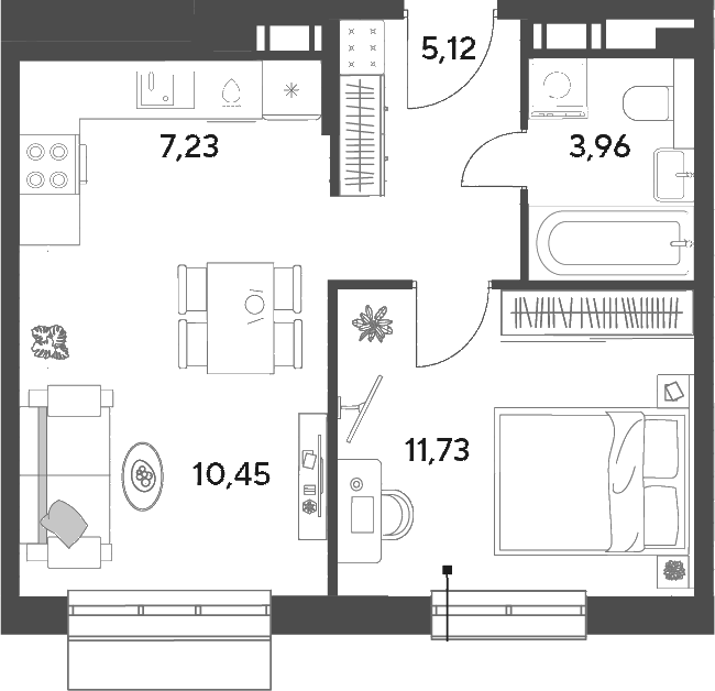 Планировка евродвушка (2Е) 38.49 м² в ЖК «Публицист», корпус 12