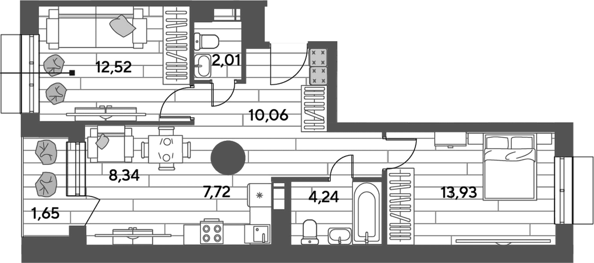 Планировка евротрёшка (3Е) 60.47 м² в ЖК «Публицист», корпус 11