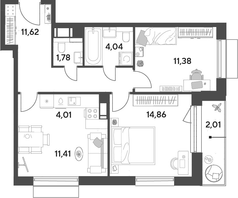 Планировка евротрёшка (3Е) 61.11 м² в ЖК «Публицист», корпус 12