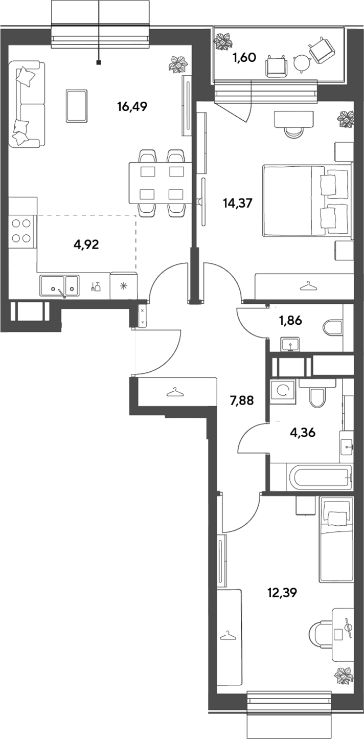 Планировка евротрёшка (3Е) 63.87 м² в ЖК «Публицист», корпус 5