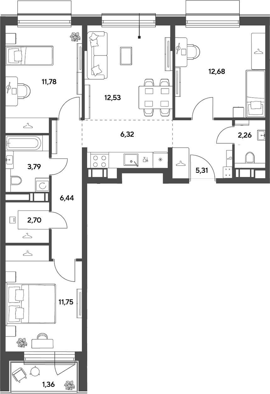 Планировка евро-4 (4Е) 76.92 м² в ЖК «Публицист», корпус 5
