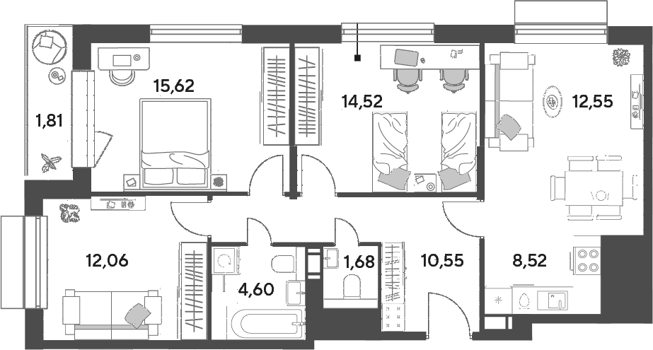 Планировка евро-4 (4Е) 81.91 м² в ЖК «Публицист», корпус 12
