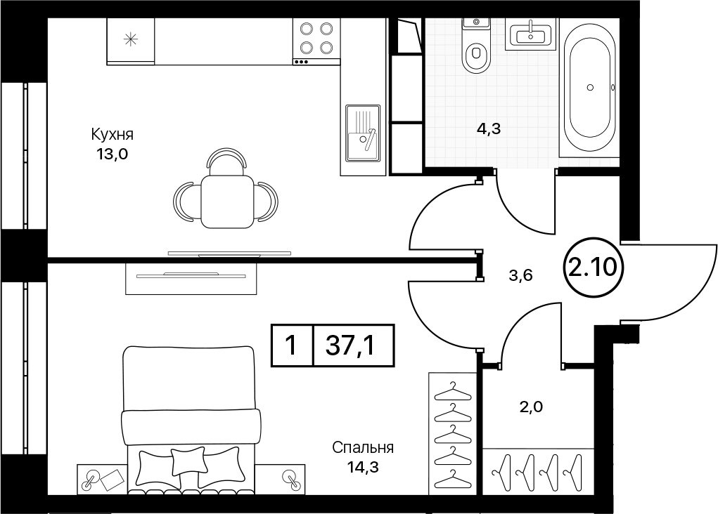 Планировка однокомнатная 37.1 м² в ЖК «Пушкино Град», корпус 3