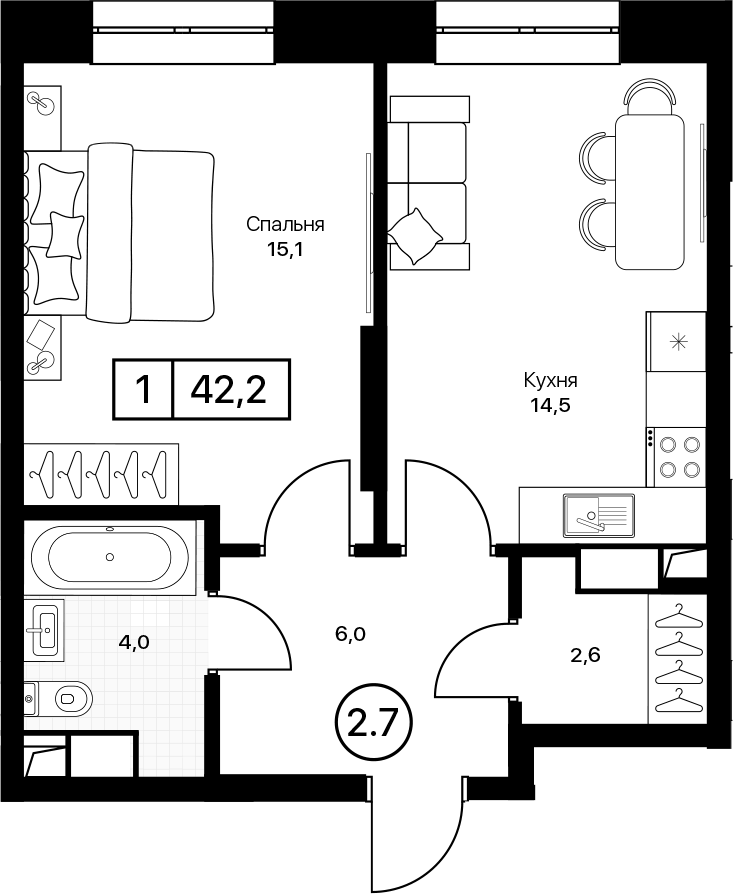 Планировка однокомнатная 42.2 м² в ЖК «Пушкино Град», корпус 2