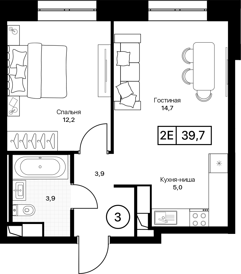 Планировка евродвушка (2Е) 39.7 м² в ЖК «Пушкино Град», корпус 1