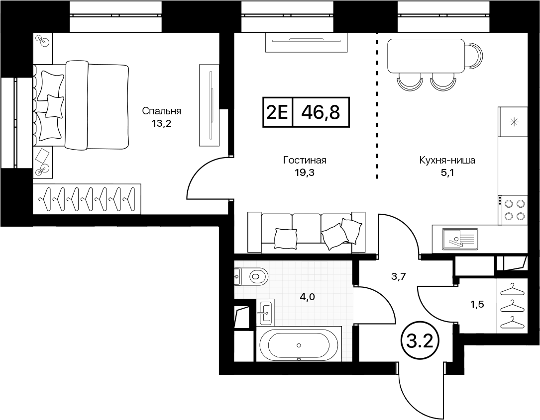 Планировка евродвушка (2Е) 46.8 м² в ЖК «Пушкино Град», корпус 2