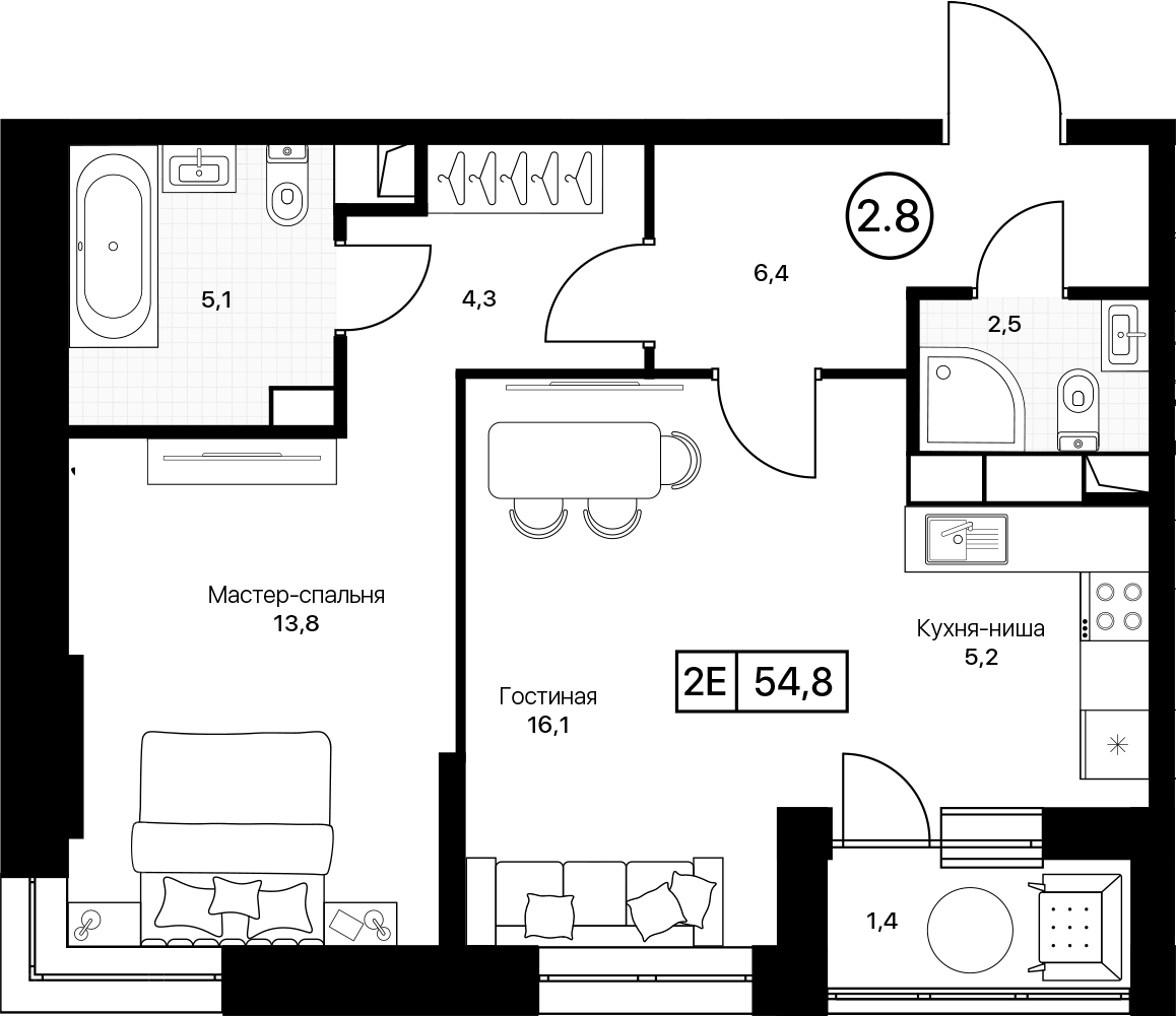 Планировка евродвушка (2Е) 54.8 м² в ЖК «Пушкино Град», корпус 3