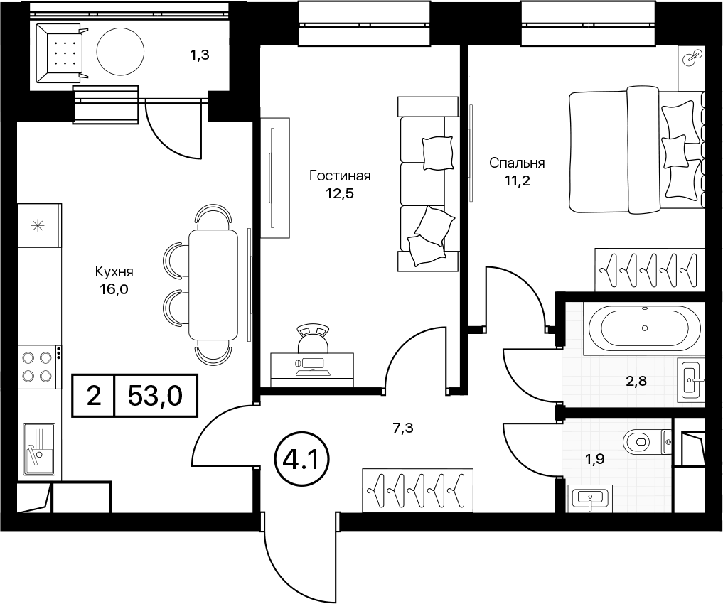 Планировка двухкомнатная 53 м² в ЖК «Пушкино Град», корпус 2