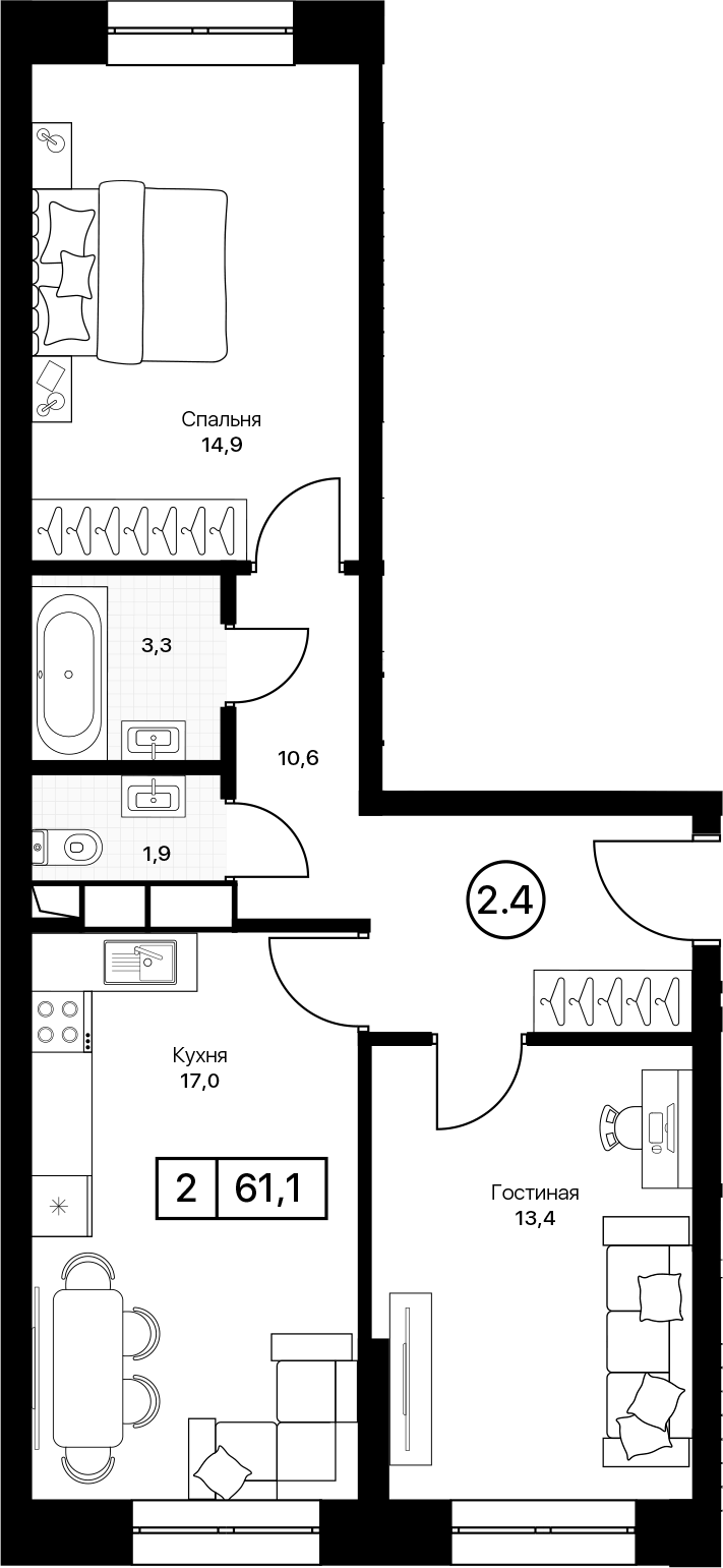 Планировка двухкомнатная 61.1 м² в ЖК «Пушкино Град», корпус 2