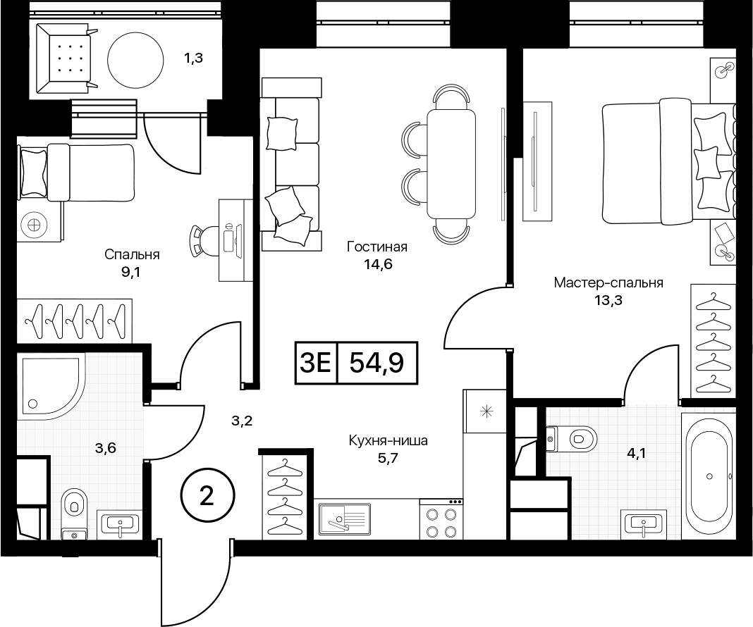 Планировка евротрёшка (3Е) 54.9 м² в ЖК «Пушкино Град», корпус 1