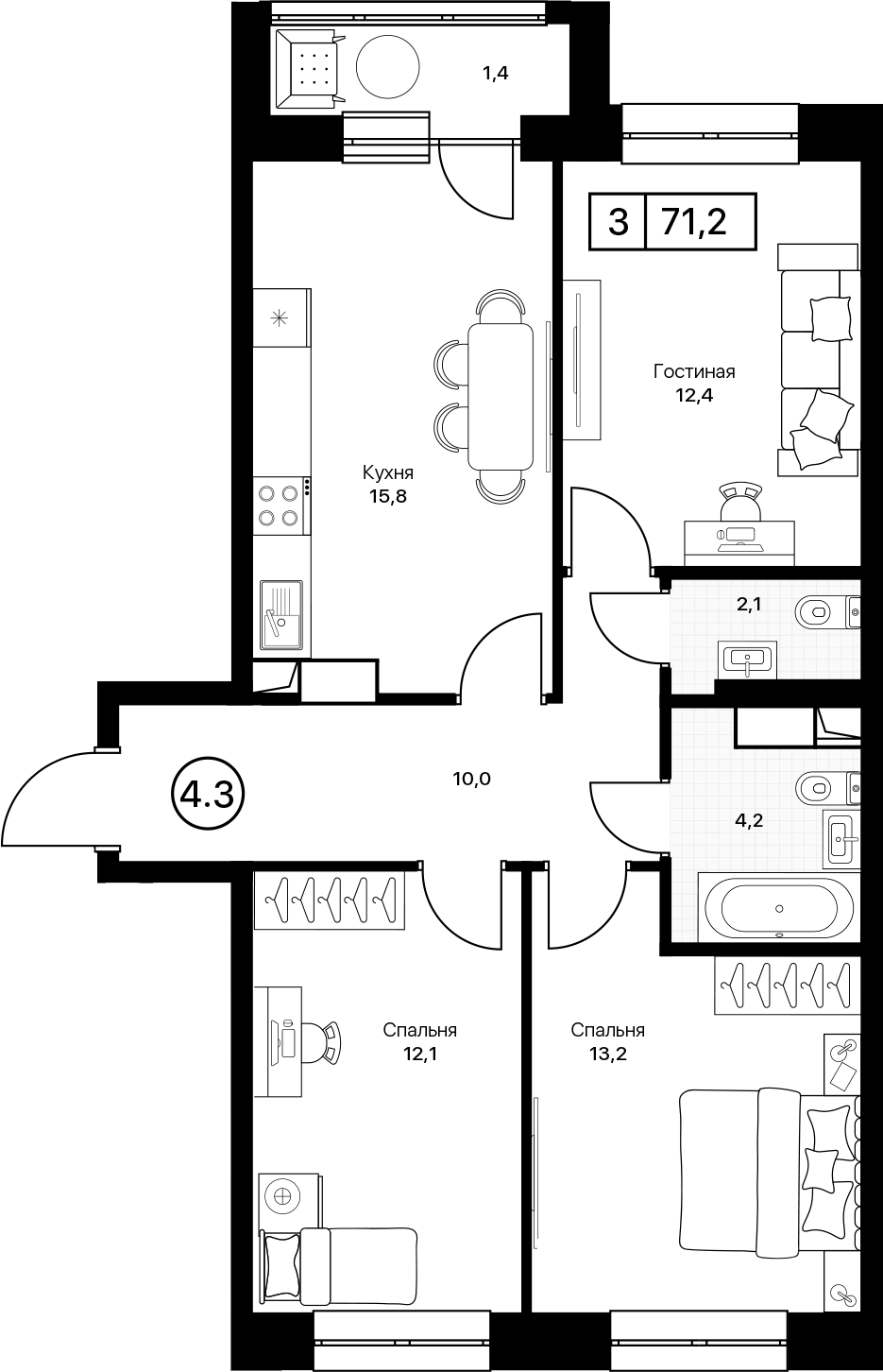 Планировка трёхкомнатная 71.2 м² в ЖК «Пушкино Град», корпус 2