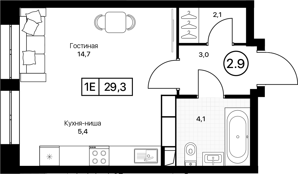 Планировка Студии 29.3 м² в ЖК «Пушкино Град», корпус 3