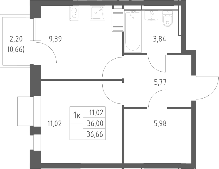 Планировка однокомнатная 36.66 м² в ЖК «Пятницкие Луга», корпус 2.1