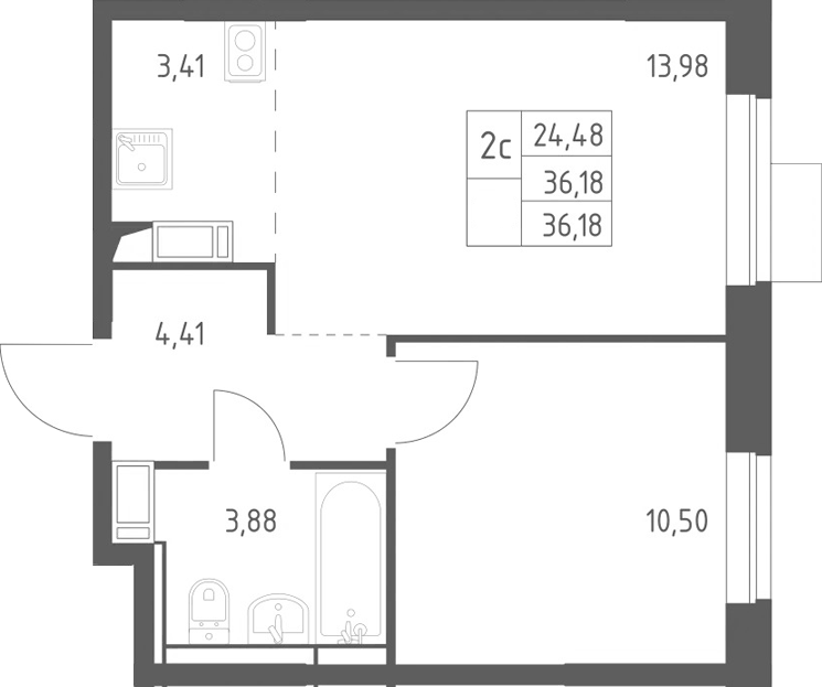 Планировка евродвушка (2Е) 36.18 м² в ЖК «Пятницкие Луга», корпус 2.1
