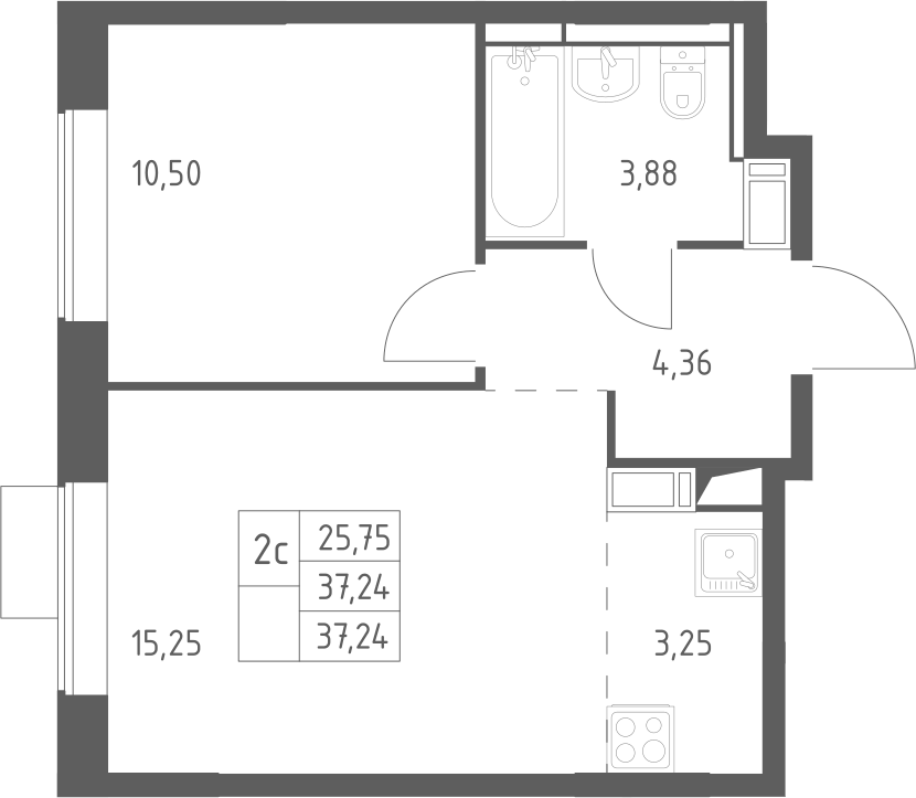 Планировка евродвушка (2Е) 37.24 м² в ЖК «Пятницкие Луга», корпус 2.1