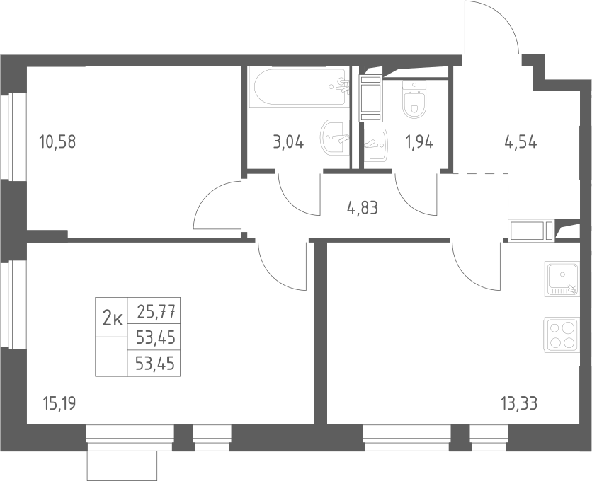 Планировка двухкомнатная 53.45 м² в ЖК «Пятницкие Луга», корпус 2.1