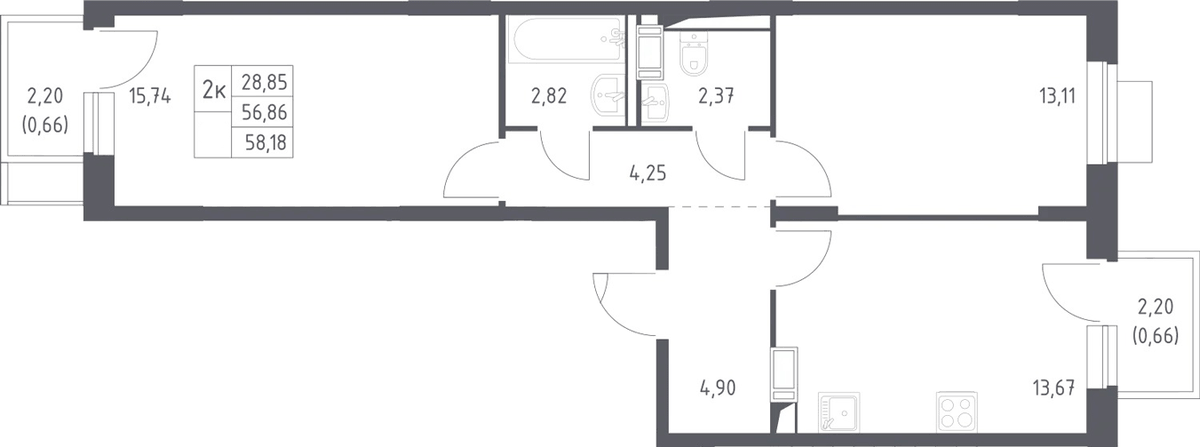 Планировка двухкомнатная 58.18 м² в ЖК «Пятницкие Луга», корпус 2.1
