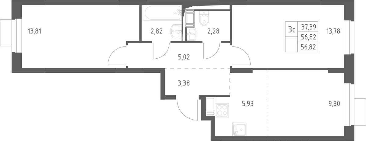 Планировка евротрёшка (3Е) 56.82 м² в ЖК «Пятницкие Луга», корпус 2.1