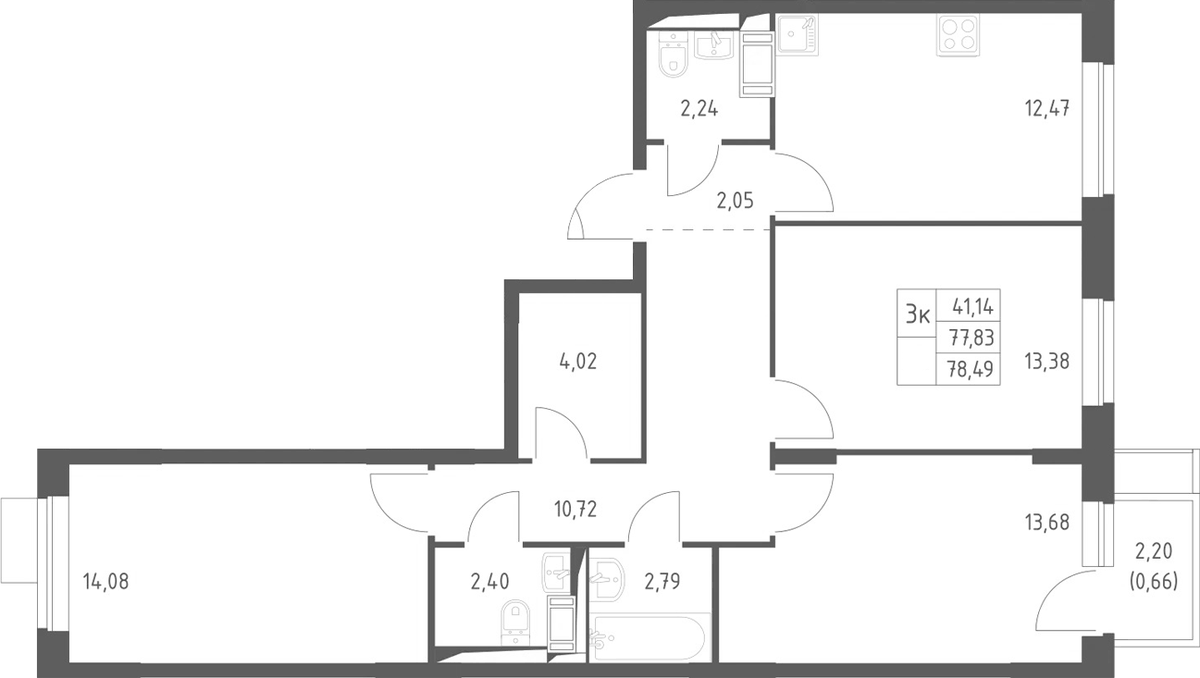Планировка трёхкомнатная 78.49 м² в ЖК «Пятницкие Луга», корпус 2.1