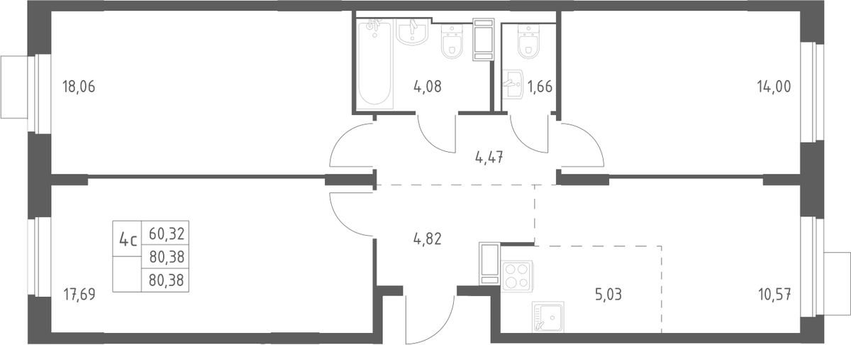 Планировка евро-4 (4Е) 80.38 м² в ЖК «Пятницкие Луга», корпус 2.1