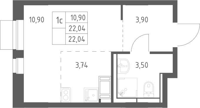 Планировка Студии 22.04 м² в ЖК «Пятницкие Луга», корпус 2.1