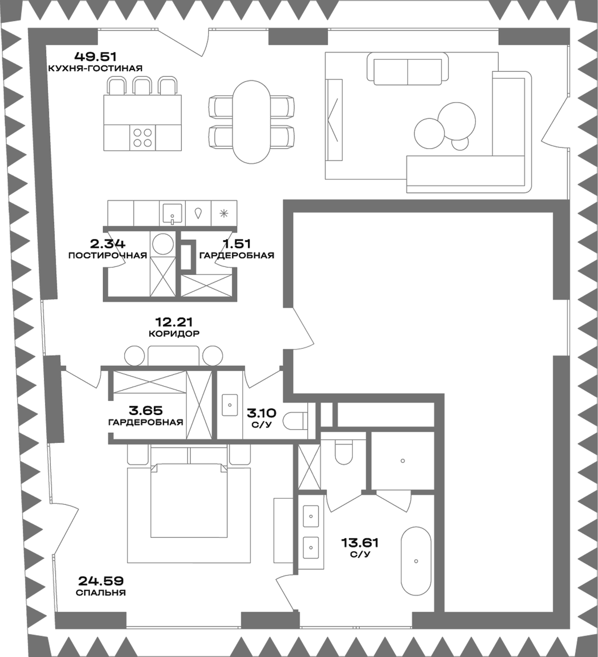 Планировка евродвушка (2Е) 110.52 м² в ЖК «Пыжевский», корпус 1