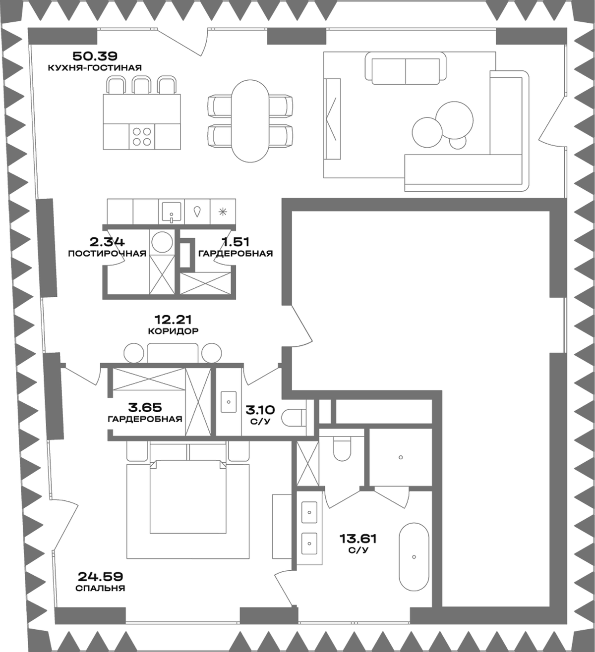Планировка евродвушка (2Е) 111.4 м² в ЖК «Пыжевский», корпус 1