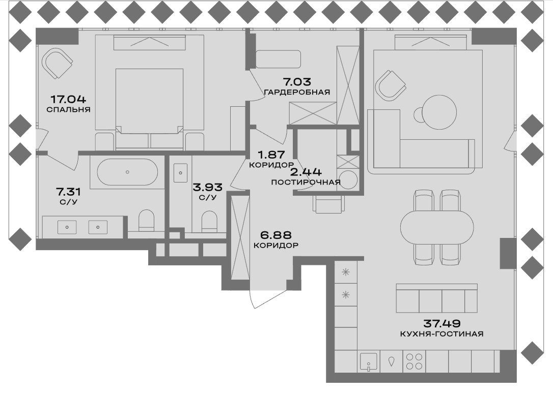 Планировка евродвушка (2Е) 83.99 м² в ЖК «Пыжевский», корпус 3