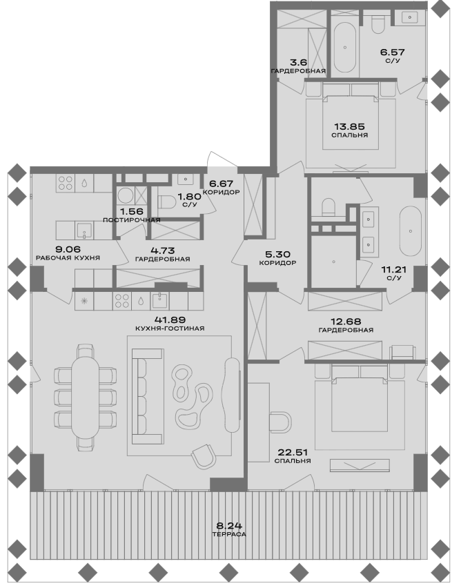 Планировка евротрёшка (3Е) 149.06 м² в ЖК «Пыжевский», корпус 3
