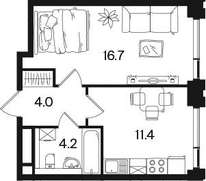 Планировка однокомнатная 36.3 м² в ЖК «РАКУРС», корпус 4