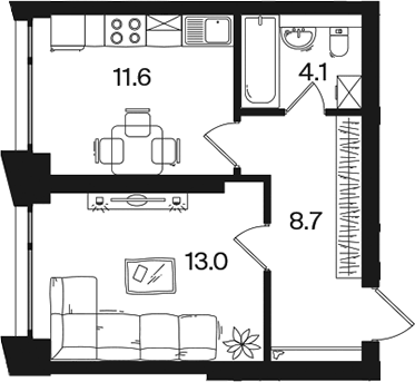 Планировка однокомнатная 37.4 м² в ЖК «РАКУРС», корпус 2