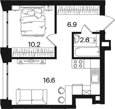 Планировка евродвушка (2Е) 36.3 м² в ЖК «РАКУРС», корпус 2